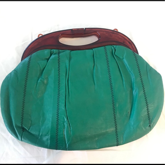 Green leather vintage clutch bag with handle - Picture 2 of 6